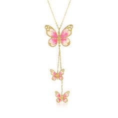 Ross-Simons - Italian Pink, White Enamel Butterfly Necklace in 14kt Yellow Gold. 20". Tap into your childhood with this whimsical necklace from Italy! Beautiful butterflies boast pink and white enamel wings in polished 14kt yellow gold. Suspends from a cable chain. Springring clasp, pink and white enamel butterfly necklace. Pink Sterling Silver Jewelry With Butterfly Charm, Sterling Silver Jewelry With Pink Butterfly Charm, Pink Butterfly Charm Pendant Jewelry, Pink Butterfly Charm Pendant Necklace, Pink Pendant Necklace With Butterfly Charm, Pink 14k Gold Pendant Necklace, Pink Enamel Pendant Necklaces, Pink Pendant Necklace In Enamel, Whimsical Pink Sterling Silver Jewelry