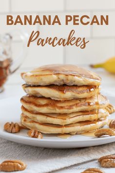 stack of banana pecan pancakes on a white plate