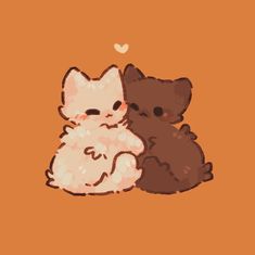 two cats sitting next to each other on an orange background with hearts in the air