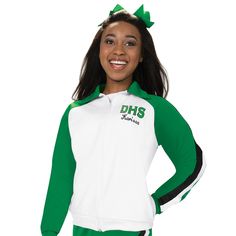 Poly Full-Zip Warm-Up Jacket Sporty Zipper Closure Outerwear For College, Sporty Outerwear With Zipper Closure For College, Sporty College Outerwear With Zipper Closure, Sporty Long Sleeve Varsity Jacket With Zipper, Green Sports Outerwear With Zipper Closure, Cheer Jackets, Cheerleading Practice, Track Jackets, Cheerleading