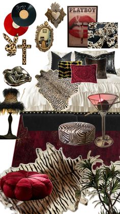 a collage of various items including a bed, pillows, and other things on display