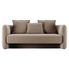 a couch with pillows on top of it and two sides facing the same direction, in front of a white background