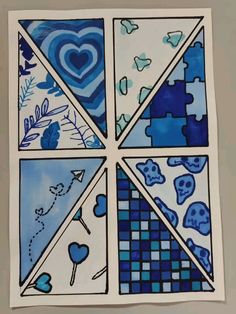 four different pieces of art with blue and white designs on the sides, including hearts