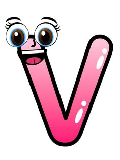 the letter v has eyes and is pink