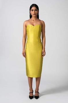 Neon yellow strapless tube dress in a bodycon silhouette. - Aza Fashions Strapless Tube Dress, Tube Dress, Dress For Women, Neon Yellow, Dress Pattern, Aza Fashion, Types Of Sleeves, Bodycon Dress, Midi Dress