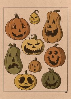 pumpkins and jack - o'- lanterns with faces drawn on them