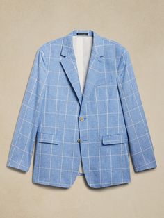 Tailored-Fit Windowpane Suit Jacket | Banana Republic Factory Plaid Linen Blazer With Notch Lapel, Plaid Linen Outerwear For Work, Tailored Plaid Linen Outerwear, Tailored Plaid Linen Blazer, Tailored Linen Plaid Blazer, Blue Linen Sport Coat For Work, Spring Plaid Sport Coat For Business Casual, Plaid Linen Blazer For Business, Formal Plaid Linen Blazer