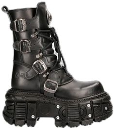 New Rock Platform Boots, New Rocks Boots, Gothic Leather Boots With Buckle Closure, Gothic Streetwear Boots With Buckle Closure, Gothic Boots With Buckle Closure For Concert, Gothic Leather Moto Boots With Studded Outsoles, Alternative Leather Moto Boots With Buckle Closure, Gothic Leather Moto Boots With Metal Feet, Rock Style Leather Moto Boots With Platform