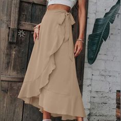 Solid Ruffle Hem Wrap Knot Side Skirt, New Never Worn Wrap Skirt With Ruffles, Beige Ruffled Midi Skirt, Beige Flowy Wrap Skirt, Casual, Beige Ruffled Skirt For Beach, Beige Ruffled Skirt For Brunch, Beige Ruffled Skirt For The Beach, Homemade Wraps, Side Tie Skirt, How To Make Ruffles