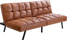 a brown leather couch sitting on top of a black metal frame