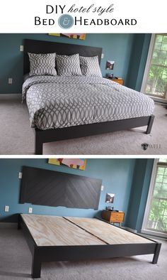 two pictures of a bed with wooden headboard and foot board in the same room