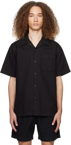 Lightweight garment-dyed 260 gsm hemp- and cotton-blend canvas shirt. · Open spread collar · Button closure · Patch pocket Supplier color: Black Black Camp Shirt With Johnny Collar, Collar Tshirt, Collar Shirt, Collar Shirts, Black Tshirt, Patch Pocket, Black Shirt, Apparel Accessories, Cotton Blend