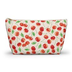 "Cherry Makeup Bag | Cherry Cosmetic Bag | Cherries Bag | Cherry Toiletry Bag | Cherry Travel Pouch | Cherry Makeup Pouch | Cherries Bag Designed by WinsMarket and shipped from the United States. These versatile t-bottom pouches come in two sizes and are ready to serve multiple purposes with style. - 100% Polyester - Non-woven laminate inside - Zipper closure - Gold with choice of white or black Small / Large Length - 8.7\" / 12.6\" Width - 2.4\" / 3.2\" Height - 4.7\" / 7.3\" Thank you for visiting the shop and supporting our small business. Please feel free to contact us with any questions. Returns or exchanges are not accepted, but please contact us with any product issues so we can resolve them. Order changes can not be made once the item enters production. Custom Order requests need t Cute Red Bags For Personal Use, Cute Red Bags With Zipper Pouch, Cute Red Bag With Zipper Pouch, Eco-friendly Pouch Cosmetic Bag For Daily Use, Gift Cosmetic Tote Bag With Zipper, Zipper Pouch Tote Cosmetic Bag, Zipper Tote Cosmetic Bag As Gift, Eco-friendly Zipper Pouch Bag, Makeup Pouch