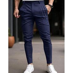 Season:Spring   Fall; Fabric:Cotton Blend; Gender:Men's; Style:Fashion,Streetwear; Elasticity:Micro-elastic; Occasion:Daily,Going out,Outdoor; Fit Type:Regular Fit; Function:Soft,Comfort; Waistline:Mid Waist; Pattern:Plain; Design:Pocket,Elastic Waist,Pleats; Pants Type:Chinos,Trousers,Casual Pants,Chino Pants; Fly Type:Zipper,Button; Front page:FF; Listing Date:10/17/2024; Pants Length:Full Length Casual Fitted Blue Dress Pants, Blue Fitted Casual Dress Pants, Casual Slim Fit Solid Color Bottoms, Casual Solid Color Slim Fit Bottoms, Navy Fitted Pants For Summer, Blue Dress Pants With Pockets For Summer, Stretch Tapered Leg Bottoms, Casual Stretch Blue Dress Pants, Casual Blue Stretch Dress Pants