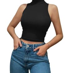 F00115174-202 Black Solid Color Top For Night Out, Basic Black Solid Color Top, Basic Black Top, Bright Color Dresses, Collar Vest, White Boho Dress, Basic Fit, Women Yoga, Basic Fits