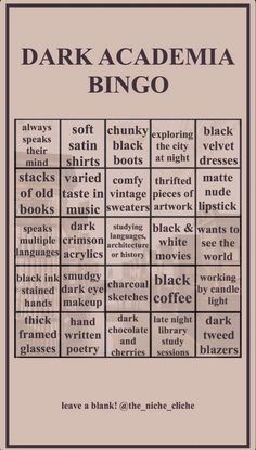 the dark academy bingo game is shown in black and white, with words above it