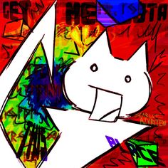 a drawing of a white cat on a red and blue background with the words ests me star above it