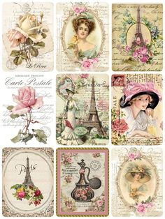 vintage postcards with the eiffel tower, roses and other things in them