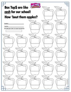 an apple cut out worksheet with the words box tops are like cash for our school