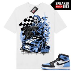 "University Blue 1s Jordan matching shirt by Sneaker Match Tees brand. Official Sneaker Match Tees shirt designed to match the Jordan 1 \"University Blue\" retro sneakers. *Sneakers are for matching purposes only, NOT included in the sale* True to size Men's shirt 100% Soft Cotton Regular Fit" Blue Sports Sneakers With Graphic Print, Blue Graphic Print Sports Sneakers, Blue Casual Sneakers With Graphic Print, Casual Blue Sneakers With Graphic Print, Throwback Blue T-shirt For Streetwear, Blue Sneakers With Graphic Print For Streetwear, Blue Graphic Print Sneakers For Streetwear, Jordan 1 Unc, Sneaker Match Tees