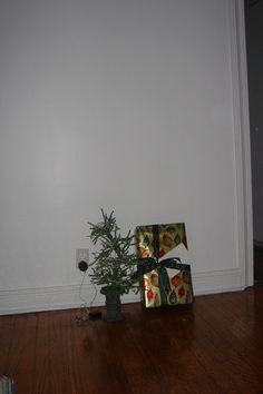 a small christmas tree sitting on top of a wooden floor next to a white wall