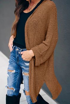 Brown Knit Cardigan Casual V-neck Knit Cardigan, Trendy One Size Knit Cardigan, Casual One Size Cardigan For Layering, Brown Knit Outerwear For Fall, Brown V-neck Sweater Coat For Spring, Cozy Brown Sweater For Spring, Casual Brown V-neck Sweater Coat, Cozy Brown Spring Sweater, One Size Knit Outerwear For Fall