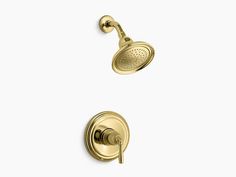 the shower faucet is shown in polished brass