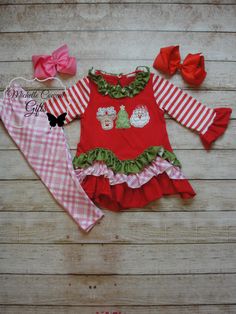 Girls Christmas Outfit, Girls Christmas Set, 12/18M, 18/24M, 2/3, 3/4, 4/5, 5/6, 6/7, 7/8, 8/9, 10 Sizes XXS - 12/18M XS - 18/24M S - 2/3 M - 3/4 L - 4/5 XL - 5/6 2XL - 6/7 3XL - 7/8 4XL - 8/9 5XL - 10 Your choice to add a name and/or bow!   RED BOW WILL BE SENT UNLESS YOU PUT IN THE NOTES Please check out my shop at:  www.etsy.com/shop/michellecowartgifts - I have several items available for girls. Thank you for looking at my items and all items comes from a smoke free home and are non-returnable.   Colors may appear differently in person due to monitor settings. If you have a question, please contact me (Michelle) with a conversation tab. Pink Long Sleeve Christmas Sets, Holiday Festive Red Set, Festive Red Holiday Sets, Festive Red Holiday Set, Cute Fitted Christmas Sets, Cute Red Christmas Sets, Cute Festive Winter Sets, Cute Red Festive Sets, Cute Christmas Holiday Sets