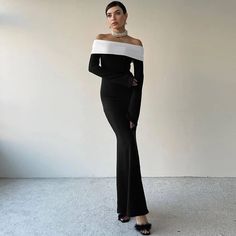 Black Long Sleeve White Contrasted Off Shoulder Maxi Dress : Size: S, M, l Off-shoulder Long Sleeve Maxi Dress Bodycon Mermaid Fit Contrast Color Mermaid Fit, Backless Long Dress, Off Shoulder Maxi Dress, Ball Gowns Evening, Bodycon Maxi Dresses, Dress Bodycon, Hip Dress, Long Sleeve Maxi, Chic Sundress