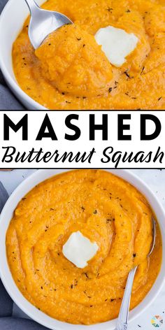 mashed butternut squash in a white bowl with a spoon and text overlay that reads mashed butternut squash