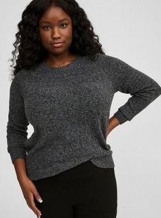 FIT Model is 5'10” wearing size 1. . Measures 30” from shoulder (size 2). MATERIALS + CARE Vegan Cashmere fabric: A luxe, cashmere-like brushed fabric with a soft, cozy feel that’s never heavy. So easy to dress up or down. . Stretch level: Medium. . 35% acrylic, 25% polyester, 22% recycled polyester, 15% nylon, 3% spandex. . Machine wash cold. Line dry. . Imported. . DETAILS Crew neckline. . Long sleeves. The best plus size women's vegan cashmere pullover sweater sweaters in charcoal heather grey made of vegancashmere. Torrid is your destination for cozy fall and winter clothes to keep you warm and comfortable. New Street Style, Cashmere Fabric, Grey Pullover, Bra And Panty Sets, Winter Clothes, Dress With Cardigan, Cozy Fall, Pullover Sweater, Outerwear Jackets