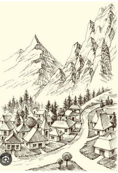 a drawing of a village in the mountains with trees on each side and houses at the bottom