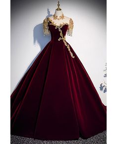 Get 10% off now! Buy burgundy ballgown velvet formal dress with embroidered sequins at cheap price online. Free stable shipping and pro custom service since 2009. Green Ball Gown, Gaun Abad Pertengahan, डिजाइनर कपड़े, High Neck Prom Dress, Long Formal Gowns, Long Formal Dress, Prom Dress Stores, Fantasy Dresses, Beaded Prom Dress