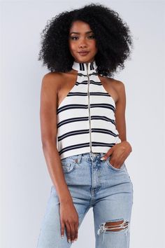 White And Navy Horizontal Double Stripe Sleeveless Loop Neckline Front Zipper Cropped Top Trendy Fabric, One Shoulder Shirt, Pool Party Wear, Halter Neck Crop Top, Turtle Neck Crop Top, Layered Sweater, Elastic Top, Floral Lace Tops, Bohemian Tops