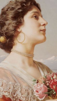 a painting of a woman with flowers in her hair and pearls around her neck, looking off to the side