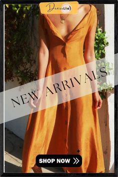 Solid Buttons Down Sleeveless V-neck Elegant Maxi Dress Chic Brown V-neck Dress For Spring, Orange V-neck Sleeveless Summer Dress, Spring Sleeveless V-neck Dress, Elegant V-neck Sleeveless Dress For Summer, Chic Sleeveless Dress With Notched Neckline For Spring, Chic Spring Sleeveless Dress With Notched Neckline, Fitted Midi Dress With Notched Neckline For Summer, Summer Midi Dress With Fitted Bodice And Notched Neckline, Summer Party V-neck Dress With Notched Neckline