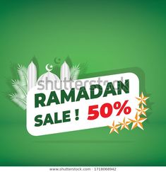 rama sale 50 % off sign with mosques and stars on green background - stock photo