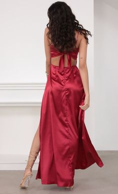 Gala Satin Maxi Dress in Red | LUCY IN THE SKY Glamorous Maxi Dress With Tie Back For Gala, Satin Maxi Dress With Back Opening For Night Out, Backless Satin Maxi Dress For Gala, Satin Maxi Dress With Side Slits For Night Out, Glamorous Split Maxi Dress For Prom, Maxi Satin Dress With Back Opening For Prom, Maxi Length Satin Dress With Back Opening For Prom, Backless Satin Maxi Dress For Prom Season, Satin Maxi Dress With Side Slits For Party