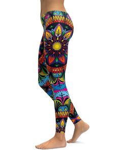 Colorful Mandala Leggings Fun Leggings Yoga Pants for Women Multicolor Stretch Yoga Pants, Multicolor Stretch Yoga Pants For Pilates, Fitted Multicolor Yoga Pants, Multicolor Fitted Leggings For Festival, Multicolor Stretch Yoga Pants For Festivals, Mandala Leggings, 100 Squats, Colorful Mandala, Orange Leggings