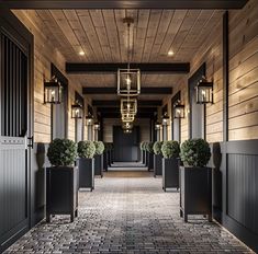 an empty hallway with two planters on either side and lights hanging from the ceiling