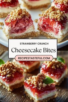 strawberry crumb cheesecake bites on a white plate