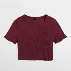 Size: Xs Color: Maroon Lettuce Trim, Faux Wrap Neckline (V-Neck), Ribbed, Stretchy Brand New! Open To Offers! Red Ribbed V-neck Top, Trendy Red V-neck Crop Top, Rib Knit Crop Top, Tops Shein, Maroon Top, Top Shein, Knit Crop Top, Shein Tops, Knit Crop