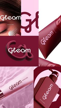 the logo for glam cosmetics is shown in four different colors and font styles, including red