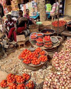 people sit in front of baskets full of tomatoes and onions