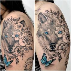 two pictures of a woman's arm with flowers and a wolf tattoo on it