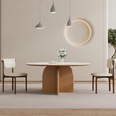 a dining table with three chairs around it and two hanging lights on the wall above