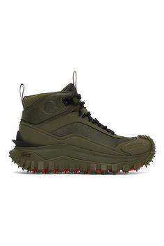 Moncler: Khaki Trailgrip GTX Sneakers | SSENSE Functional Green High-top Sneakers With Round Toe, Green Functional High-top Sneakers With Round Toe, Functional Khaki Sneakers For Outdoor, Functional Khaki Outdoor Sneakers, Functional Green Lace-up High-top Sneakers, Green Gore-tex Low-top Sneakers, Green Gore-tex Sneakers For Outdoor, Functional Green Sneakers For Outdoor, Gore-tex Sneakers With Vibram Sole For Streetwear