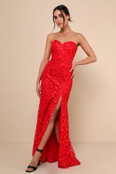 Romantic Beauty Red Floral Embroidered Strapless Maxi Dress Red Floral Embroidered Prom Dress, Red Prom Dress With Floral Embroidery, Strapless Scalloped Lace Dress For Gala, Fitted Lace Strapless Dress For Gala, Strapless Scalloped Lace Dress For Prom, Strapless Evening Dress With Scalloped Lace, Strapless Scallop Lace Prom Dress, Embroidered Lace Dress For Evening, Fitted Floral Embroidered Lace Dress For Gala