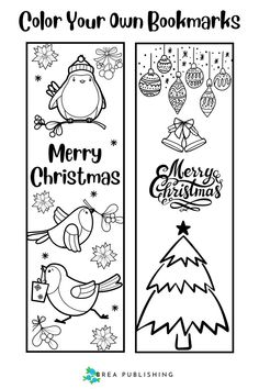 two christmas bookmarks with the words, color your own books and merry christmas decorations