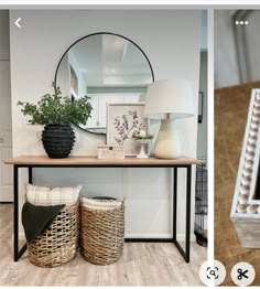 two photos side by side, one with a mirror and the other with vases